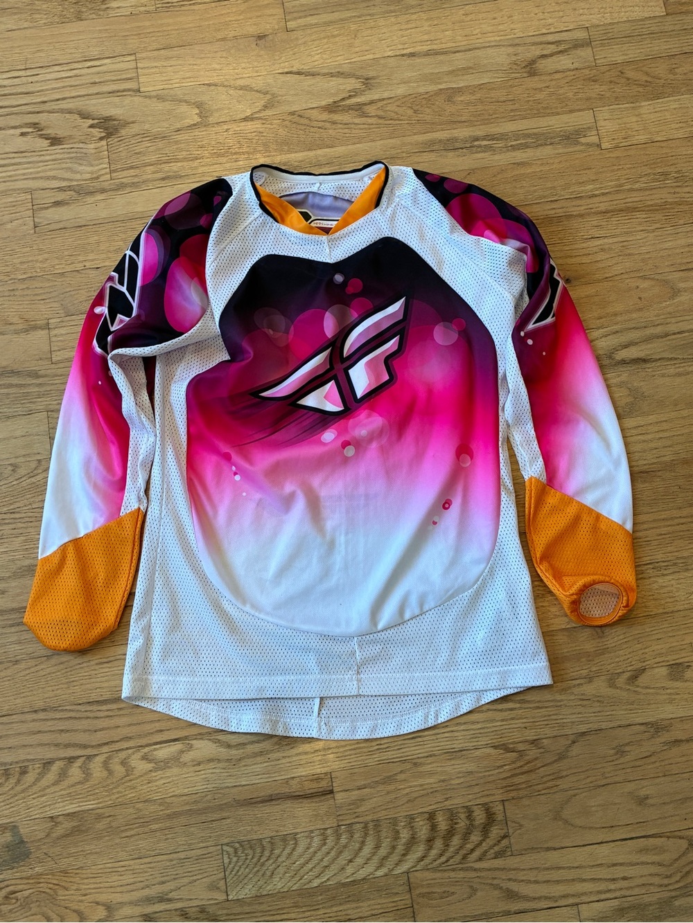 Fly Racing Women’s small Pink & White BMX Jersey with Orange Accents